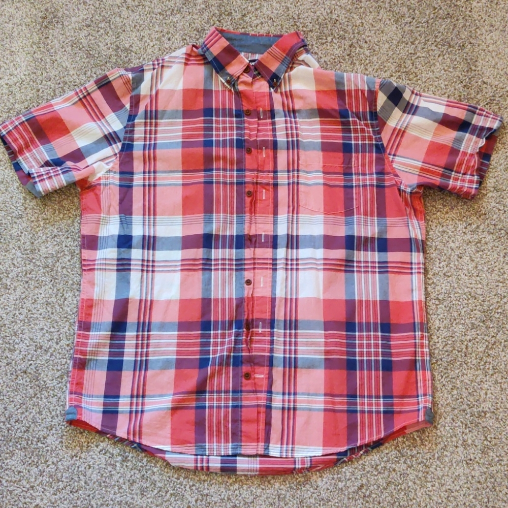Plaid Flannel Button-Up Shirt (Red and Blue)